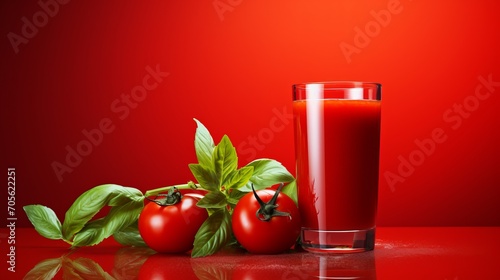 Tomato juice in glass on wooden table with red background, perfect for a refreshing drink © Andrei