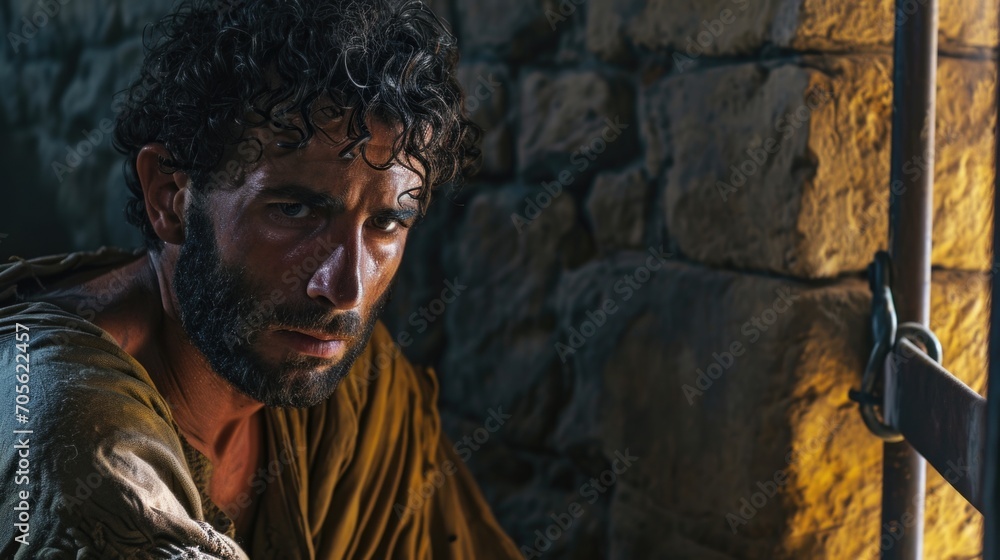 A man with a beard sitting in front of a stone wall. Suitable for various concepts and themes A man with a beard sitting in front of a stone wall. Suitable for various concepts and themes
