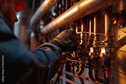A man wearing a hard hat is seen working on pipes. This image can be used to depict construction work, plumbing repairs, or industrial maintenance