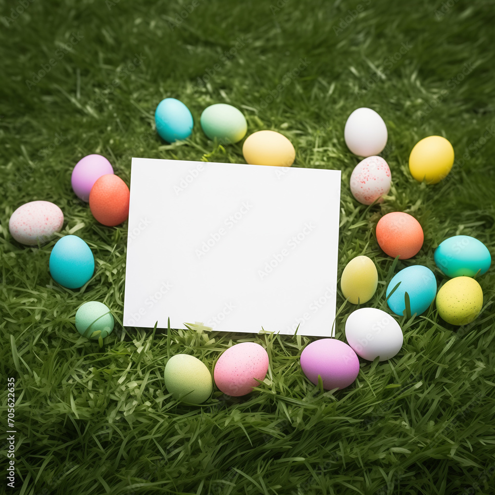Blank sheet of paper, greeting card on the grass surrounded by pastel colored easter eggs Blank sheet of paper, greeting card on the grass surrounded by pastel colored easter eggs