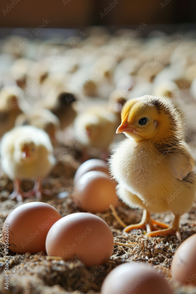 Newly hatched baby chicks in a farm.