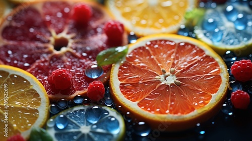 A close-up of flawlessly sliced citrus oranges, showcasing their vivid hues and detailed designs, Generative AI.