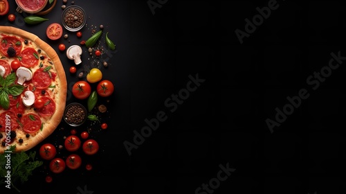 A freshly made pizza on a dark backdrop, displaying the ingredients, top view, copy space, Generative AI.