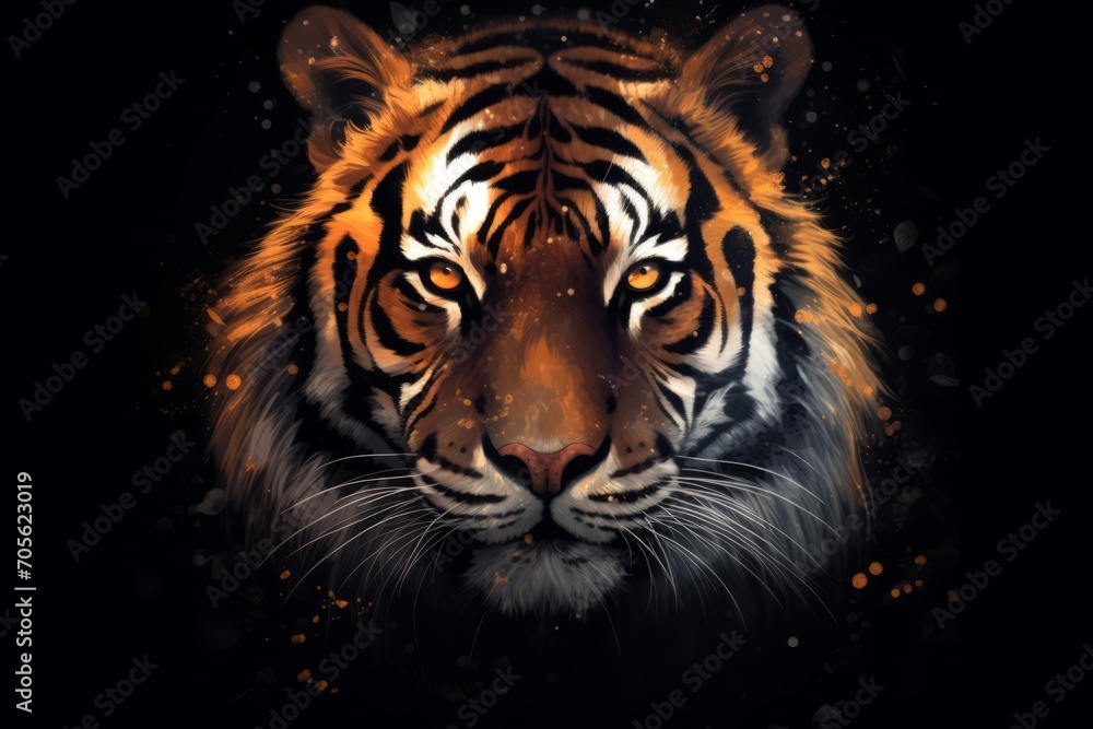 Epic tiger head illustration Portrait of a tiger in the night. Generative AI