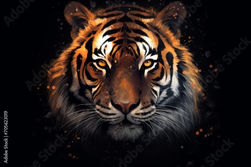 Epic tiger head illustration Portrait of a tiger in the night. Generative AI © KaterynaVS