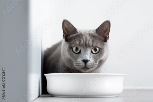 Grey cat looks at bowl of food on a white background. Generative AI