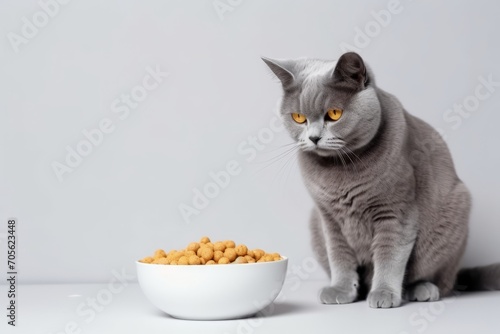 Grey cat looks at bowl of food on a white background. Generative AI