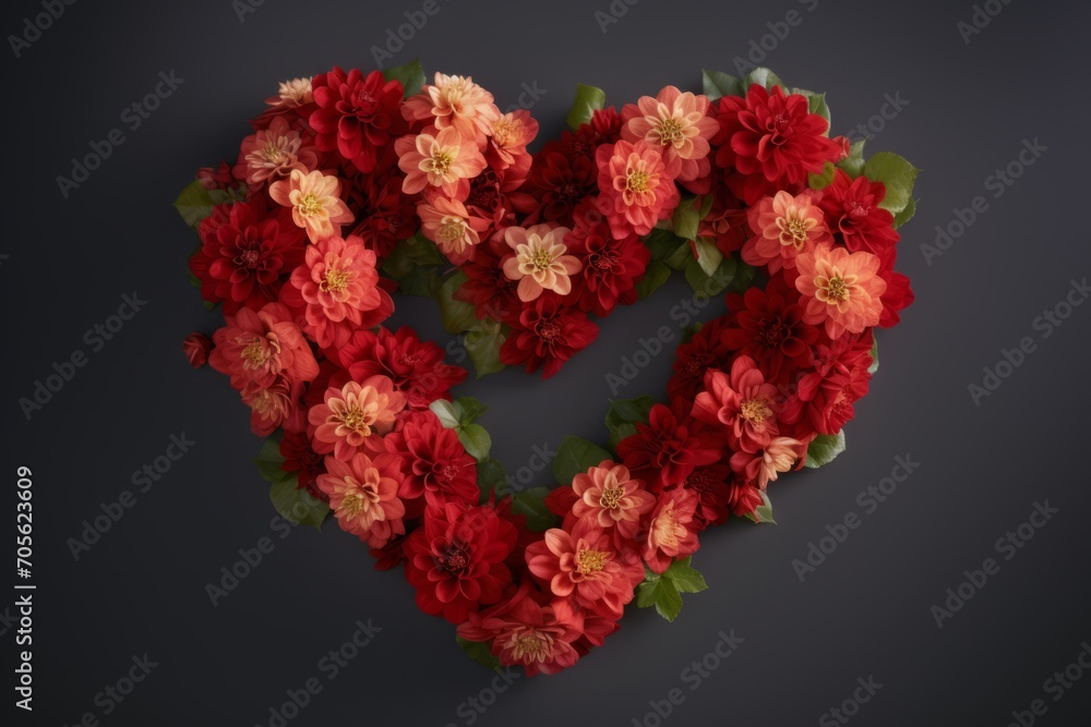 Heart shape made of red flowers. Generative AI