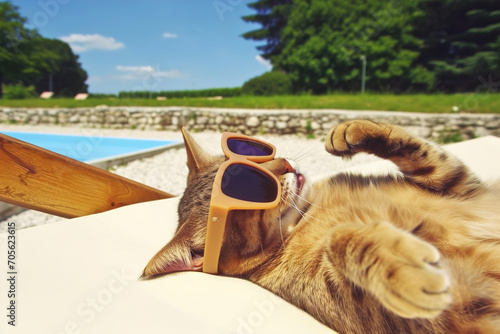 A comical moment of a funny looking cat wearing sunglasses lying on a sun lounger on the beach.
