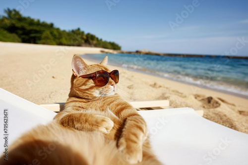 A comical moment of a funny looking cat wearing sunglasses lying on a sun lounger on the beach.