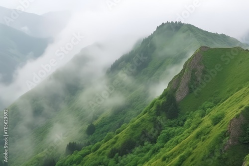 Misty mountain landscape with green slopes. Generative AI