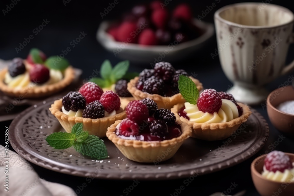 Raspberry and blueberry tart on the plate, close up. Generative AI Raspberry and blueberry tart on the plate, close up. Generative AI