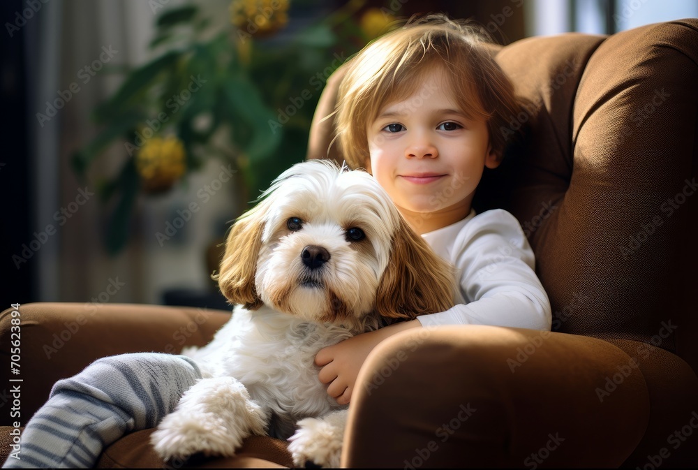 Peaceful Little child with cute puppy in armchair. Kid happy face with care pet. Generate ai Peaceful Little child with cute puppy in armchair. Kid happy face with care pet. Generate ai
