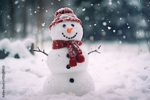 Cute snowman in the snow. Winter white background.
