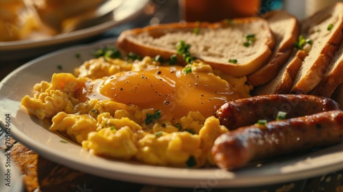 A delicious plate of eggs, sausages, and toast ready to be enjoyed. Perfect for illustrating a hearty breakfast or brunch scene