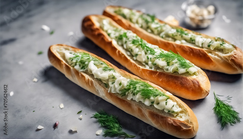 Delizia Francese- Baguette Gustosa con Aglio e Aneto su Tavolo Grigio