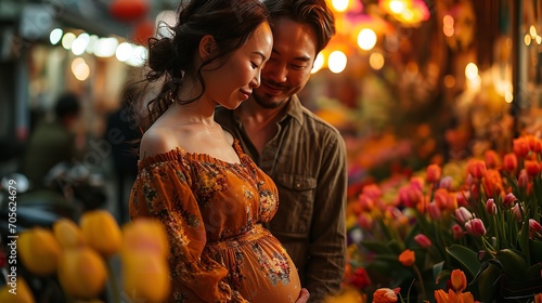 A Japanese husband with his pregnant wife in tulip field in Valentine Day with copy space, Generative AI. photo