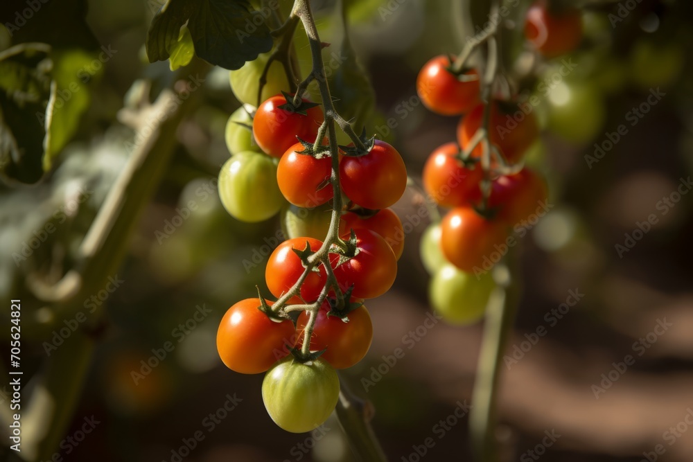 Ripe cherry tomatoes on the vines. Generative AI Ripe cherry tomatoes on the vines. Generative AI