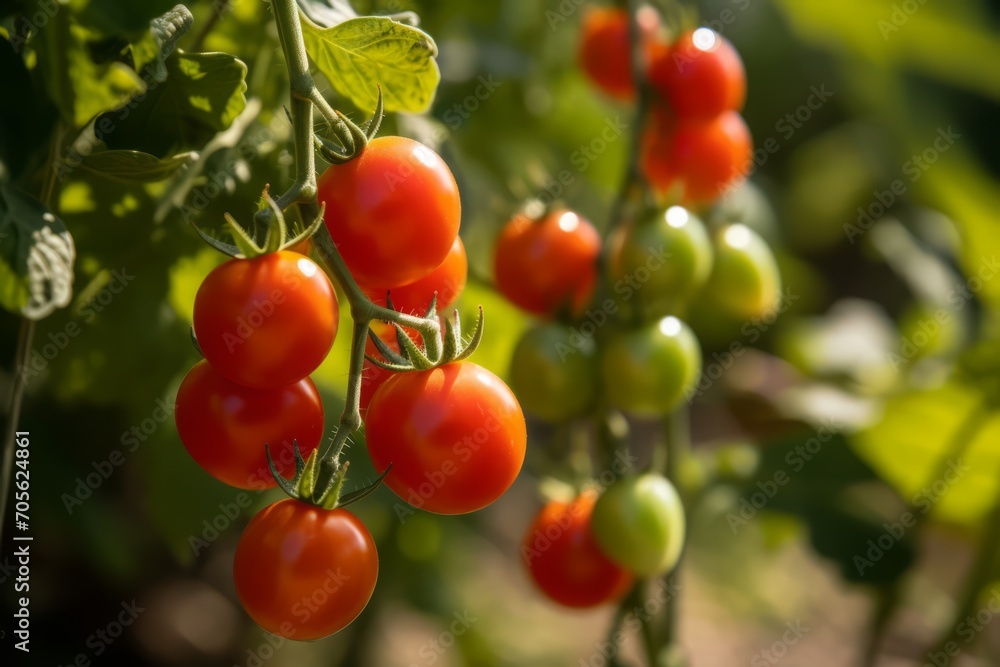 Ripe cherry tomatoes on the vines. Generative AI Ripe cherry tomatoes on the vines. Generative AI