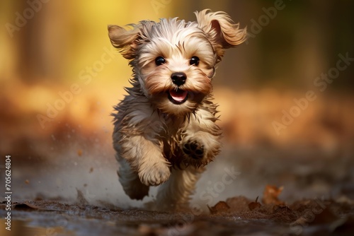 Tiny Little dog running. Happy puppy pet in the park. Generate ai