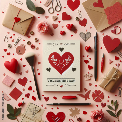 Love Cascade: Valentines Day Composition with Paper Card and Red Hearts in Flat Lay Style.