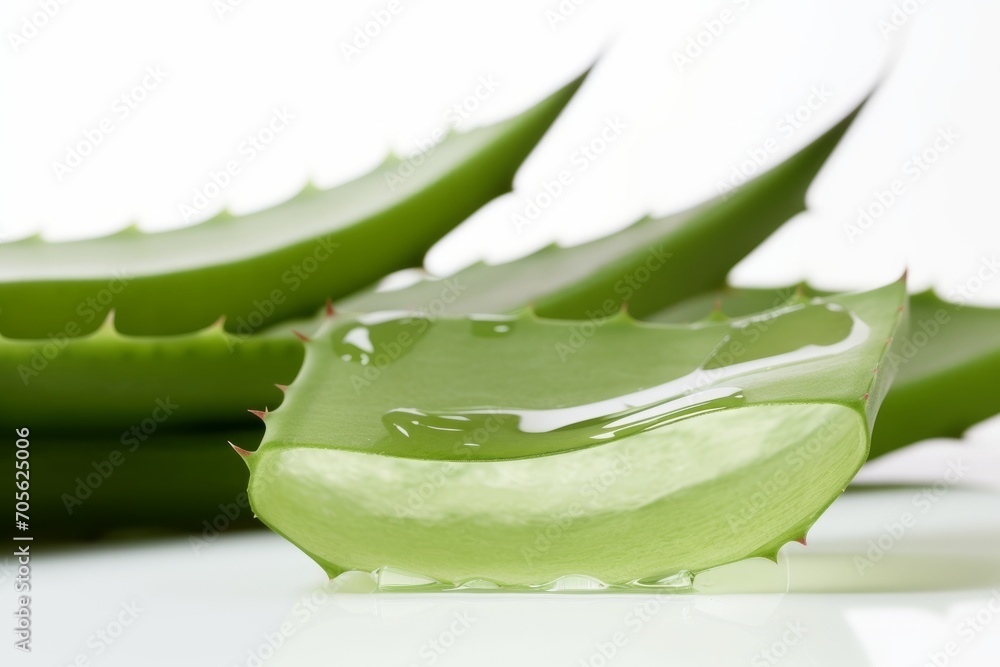 Sliced aloe vera leaf on a white background. Generative AI Sliced aloe vera leaf on a white background. Generative AI