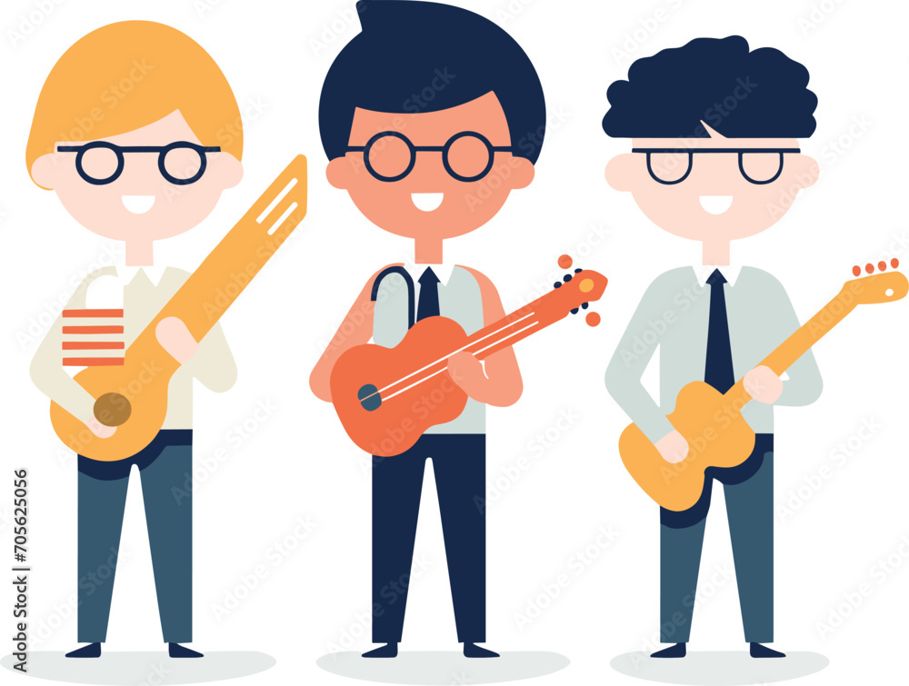 Three cartoon musicians are playing guitars in a simple vector illustration.
