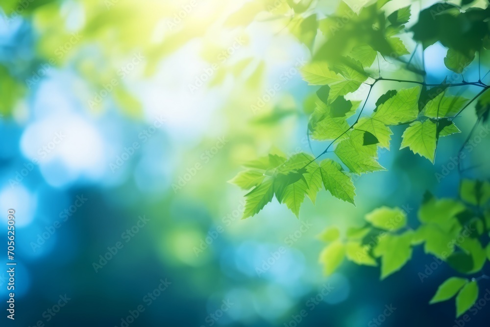 Summer background of blue and green, blurred foilage and sky with bright bokeh. Generative AI