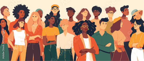 Diverse multicultural group of people standing together. Vector illustration 