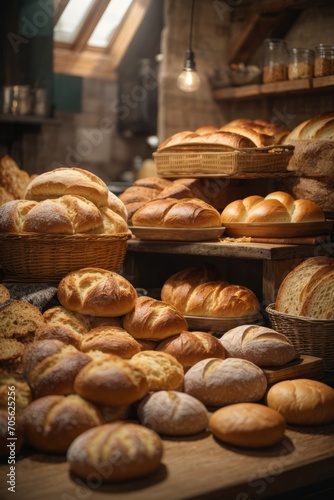 A modern bakery with a wide variety of breads on the shelves.