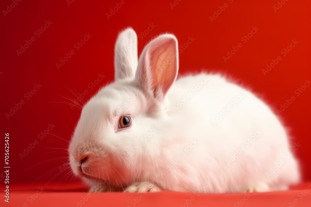 White rabbit on red background. Generative AI
