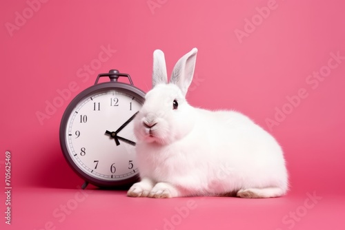 White rabbit with clock on pink background. Generative AI