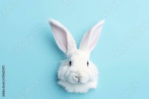 White rabbit on blue background. Generative AI © KaterynaVS