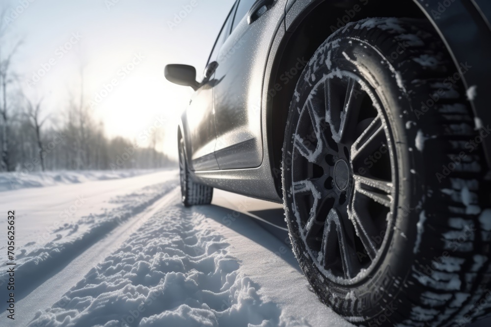 Winter tire. Car on snow road. Tires on snowy highway detail. Generative AI