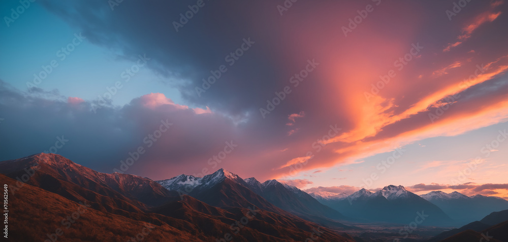 Fototapeta premium Mountain landscape with orange-teal pinkish clouds 