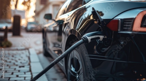 An electric car is plugged into a charging station. This image can be used to illustrate the concept of electric vehicles and sustainable transportation