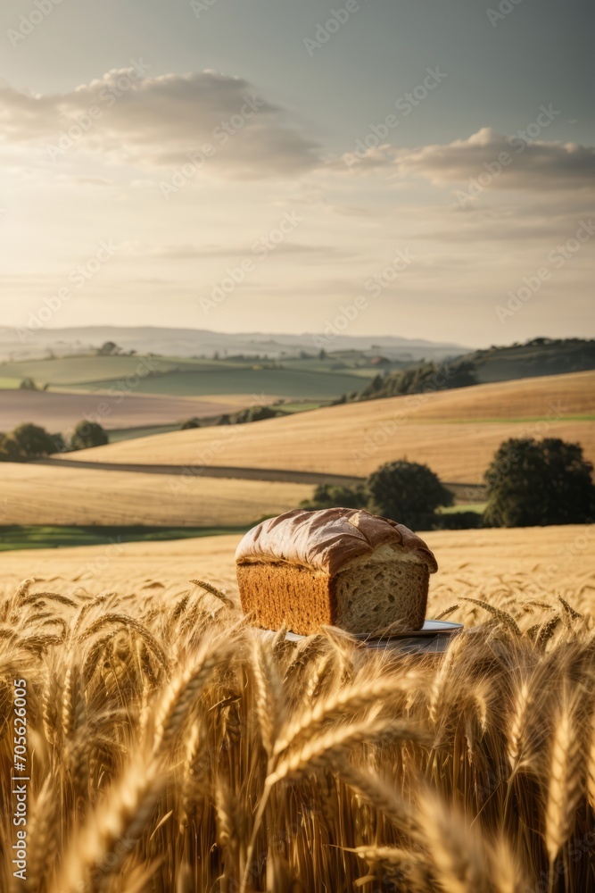 Fresh delicious bread on the background of a golden wheat field on a sunny day. Harvest, Agriculture, farming, small business concepts.