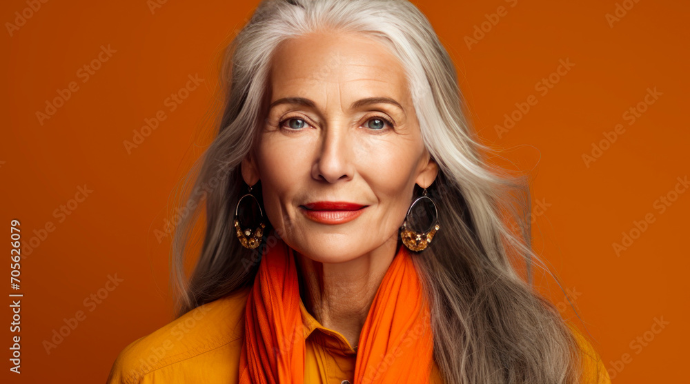 Fototapeta premium Elegant, smiling, elderly, chic, woman with gray long hair and perfect skin, on an orange background, banner.