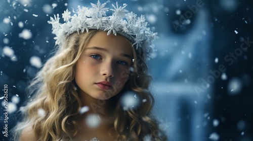 A teenage girl wearing white gown and snowflakes type crown  representing Christmas  Generative AI.