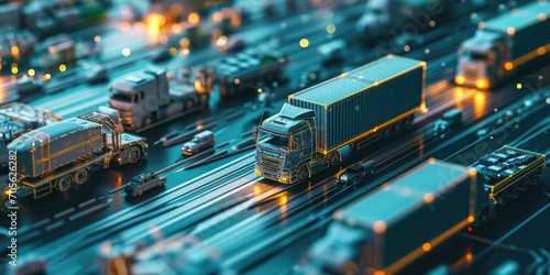 A close-up view of a bunch of trucks on a road. This image can be used to depict transportation, logistics, or the trucking industry. photo