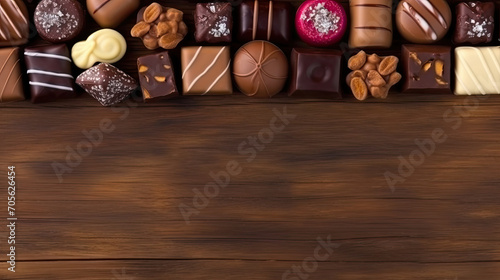 This image features various types of chocolates displayed on a rustic wooden table, making it suitable for food blogs, confectionery advertisements, and dessert recipes. valentines day food, candy