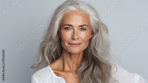 Elegant, smiling, elderly, chic, woman with gray long hair and perfect skin, on a white background, banner.