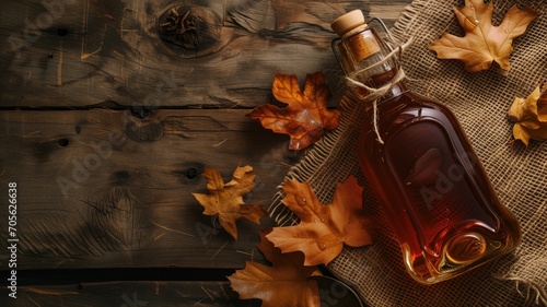 Maple syrup bottle surrounded by autumn leaves on a wooden table