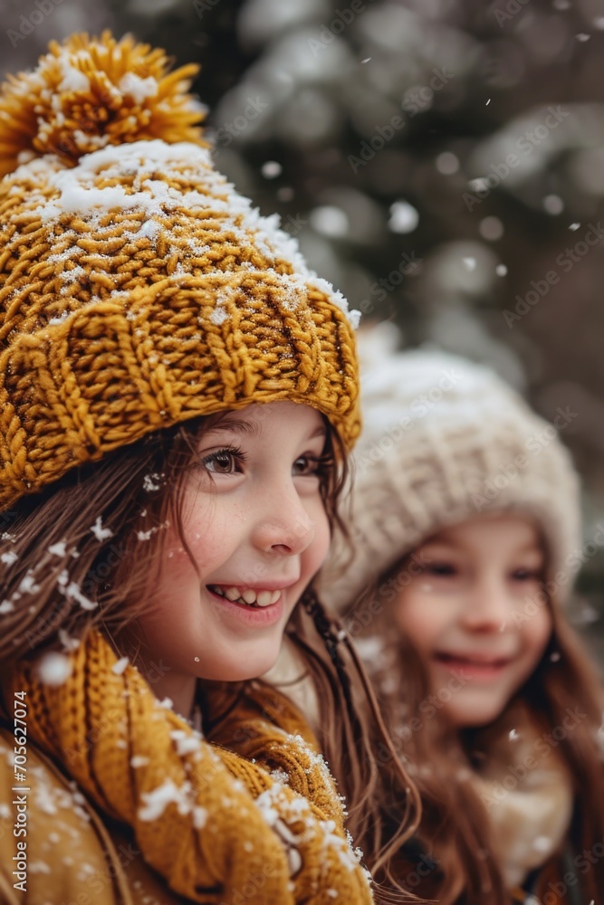Two little girls standing in the snow. Perfect for winter-themed projects and family-oriented designs Two little girls standing in the snow. Perfect for winter-themed projects and family-oriented designs