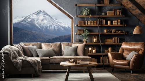 Scandinavian interior design of a modern living room in the attic of a villa overlooking the snowy mountains.