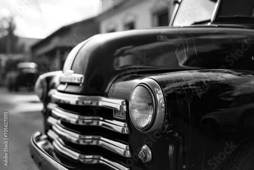 An old truck captured in a black and white photo. Perfect for adding a vintage touch to any project
