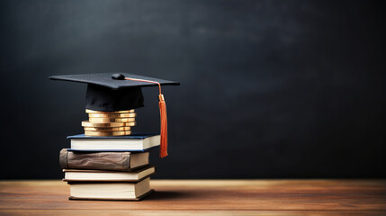Graduation cap on saving coins for concept finance and education scholarships.