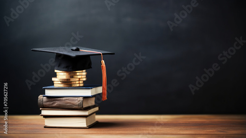Graduation cap on saving coins for concept finance and education scholarships. photo