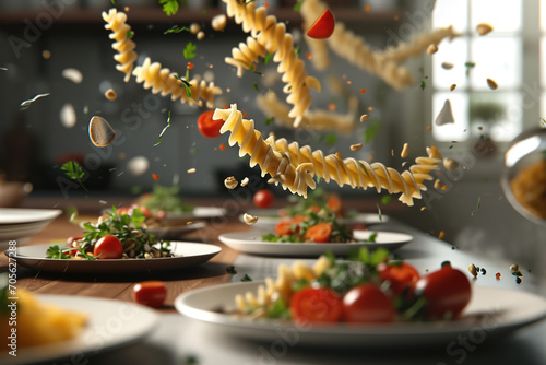 Different types of pasta flying and floating in the air chaotically and dynamically. Air-tossed pasta.