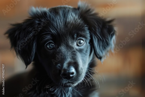 A close-up shot of a black dog looking directly at the camera. Perfect for pet-related projects or animal-themed designs